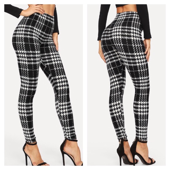Pants - Black and White Plaid Print Leggings Pants - Black and White Plaid Print Leggings
